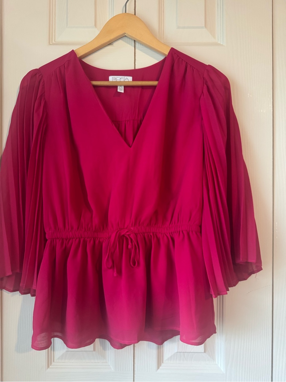 Fuchsia V-Neck Pleated Sleeve Women's Top